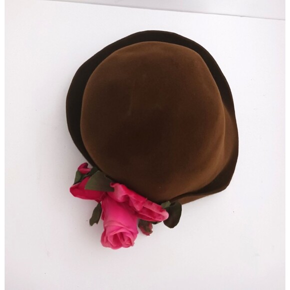 Lylia Giraldo Chocolate Brown Felt Wool Cloche Hot Pink Flower M/L main image 8